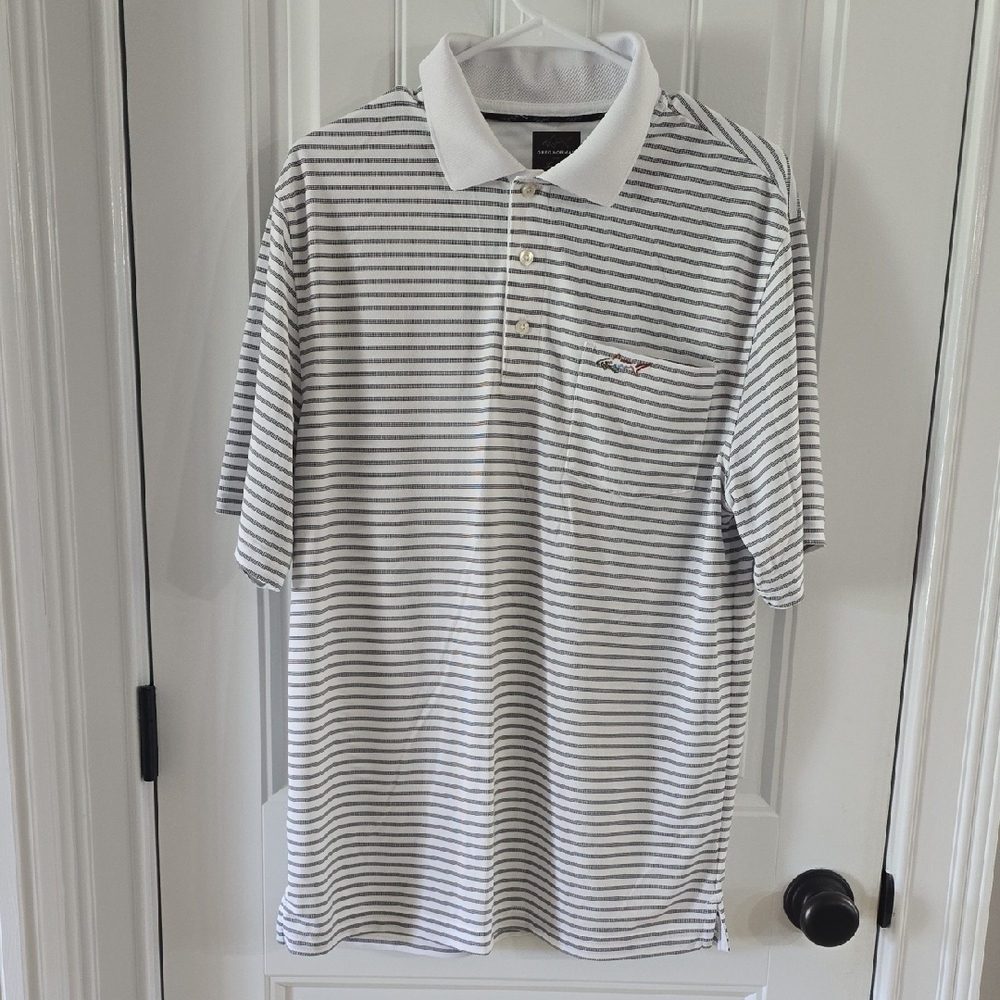 Greg Norman Men's Black And White Striped Polo Medium